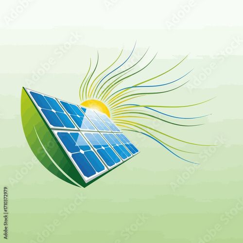 Solar panel with leaf and sun rays for clean energy
