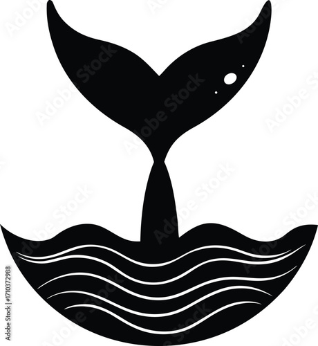 Whale and dolphin marine animal silhouettes with a sea bird symbol and fin icon, vector illustration