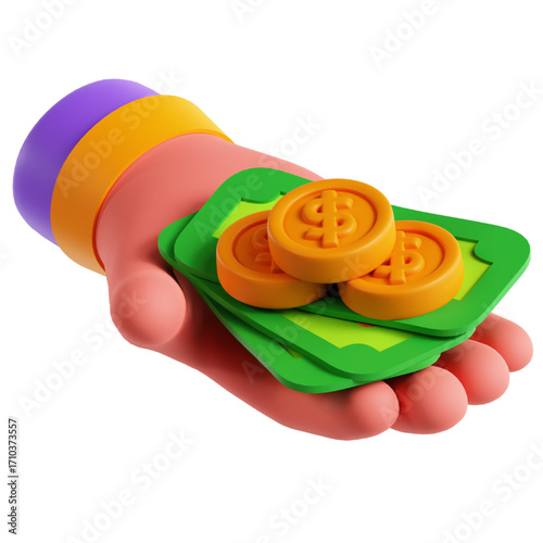 Hand Offering Coins and Cash Symbolic Gesture of Assistance, Investment and Financial Transactions