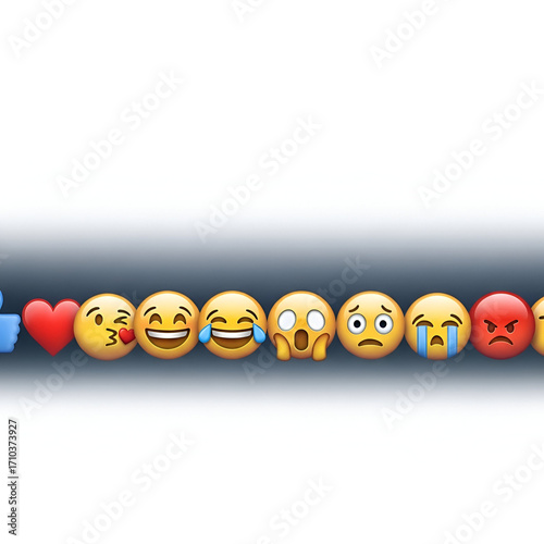 A line of various emojis showing different emotions, isolated on white background