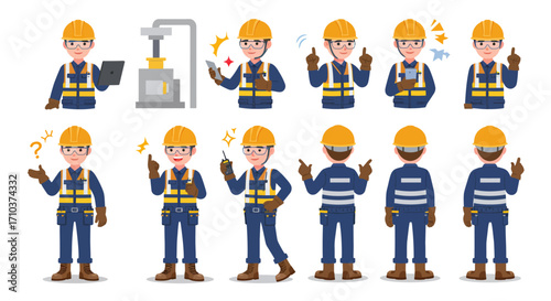 Industrial worker character set with various poses and emotions for construction and factory scenes. Vector illustration collection