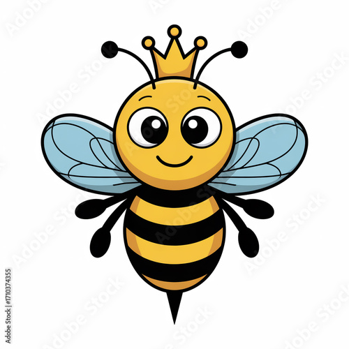 A cute cartoon queen bee with a crown and wings isolated on white background, buzzing around and collecting nectar
