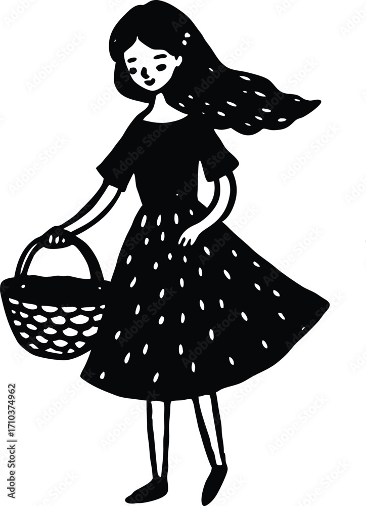 Fototapeta premium Fashion illustration of a princess in a dress with a fan, a beautiful and retro drawing of a woman in a dress with flowers