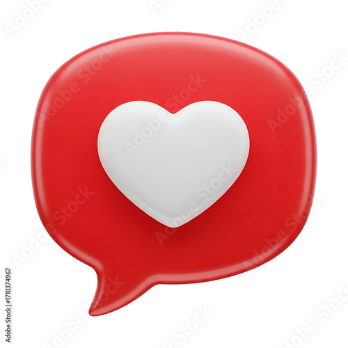 Red chat bubble with white heart icon, isolated on white background