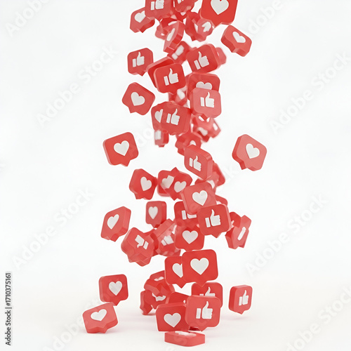 Falling social media like and heart icons in red, isolated on white background