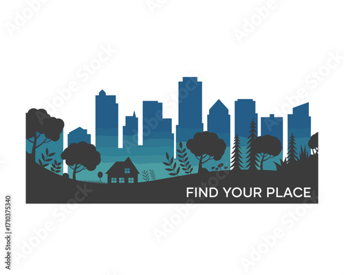 Serene Cityscape and Countryside Blend: A Seamless Fusion of Urban and Rural Living, Reflecting a Balanced Lifestyle with the Message "Find Your Place".