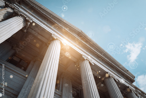 Majestic neoclassical building with iconic pillars bathed in golden sunlight, symbolizing financial stability and modern digital connectivity with glowing icons