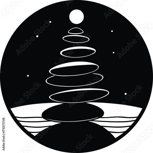 Black and white zen stones stacked in perfect balance, symbolizing harmony and peace
