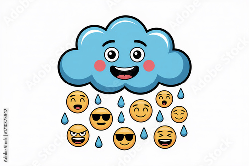 Happy cloud raining emoji faces, isolated on white background perfect for weather, emotion, and cartoon themes ideal for social media