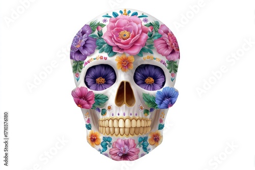Wallpaper Mural White Skull Decorated with Colorful Flowers and Green Leaves Torontodigital.ca