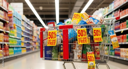 Shopping carts filled with discounted products in supermarket aisle. Grocery store sale concept. Consumer behavior and retail marketing strategy. Budget shopping.