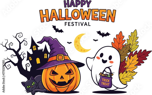 Delightful cartoon Halloween festival with ghost and pumpkin