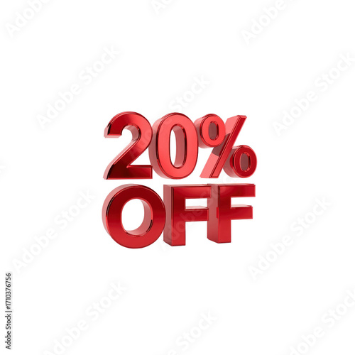 20% Off Sale - Red 3D Rendered Text on Transparent Background