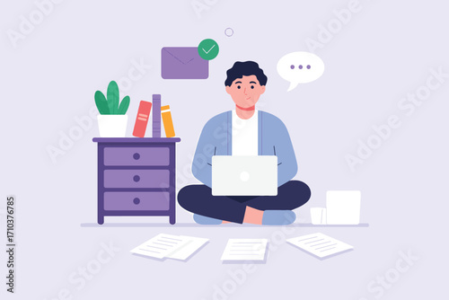 Man working at home comfortably with laptop and documents vector illustration