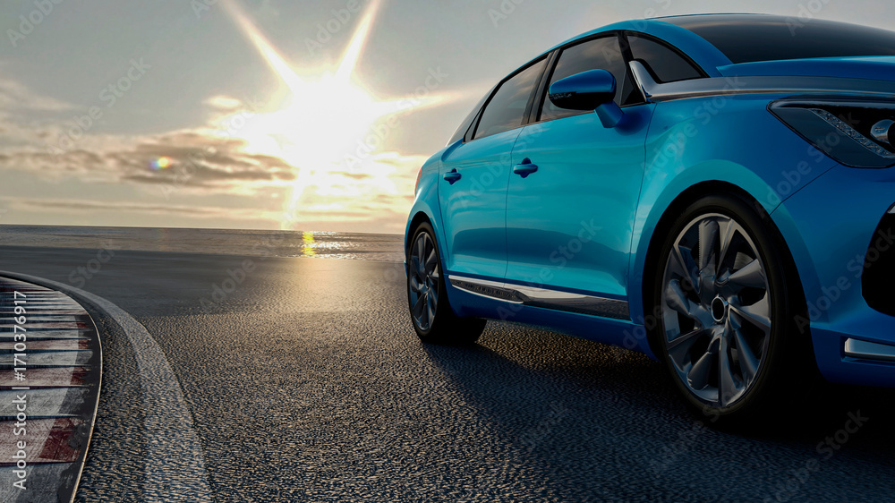 Fototapeta premium 3d car sedan rides on the road to meet the sun, concept 3d render for advertising auto products