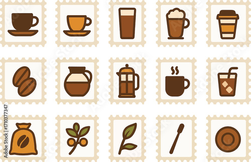 Coffee Postage Stamps Icon Set – Flat Solid Color Vector Illustrations