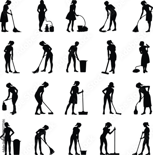 Black silhouette cleaning people, housekeeping tasks, janitorial work, sweeping, mopping, vacuuming, scrubbing, hygiene, sanitation, domestic chores, service illustration