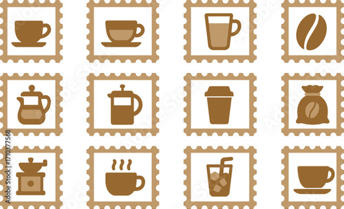 solid color icons representing coffee postage stamps. Each icon framed with a smooth stamp border.