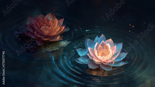 Serene nighttime water lilies with reflections and soft ripples in tranquil pond