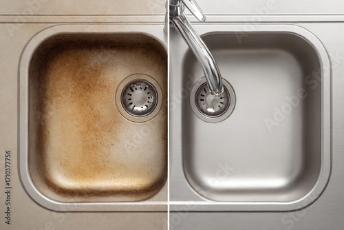 Closeup comparison of dirty and clean stainless steel sink after kitchen cleaning
