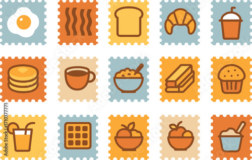 Breakfast Postage Stamps Icon Set – Flat Solid Color Vector Illustrations
