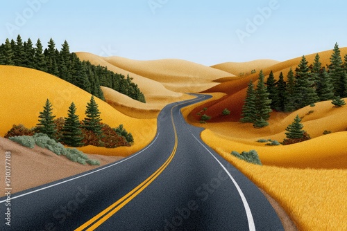 Wallpaper Mural Winding Asphalt Road Through Golden Hills and Pine Trees Torontodigital.ca