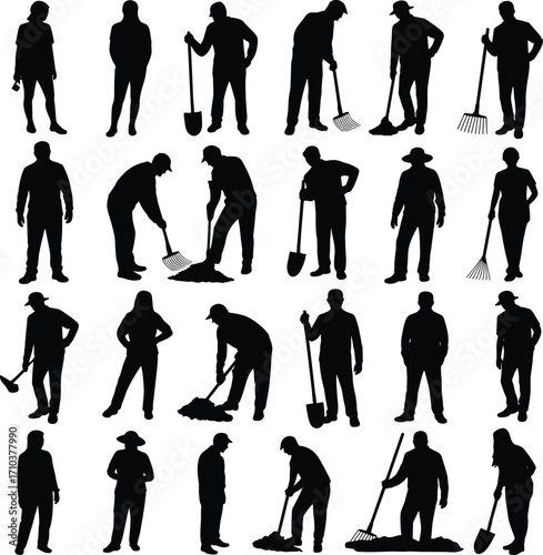 Black silhouette gardening people, farming activities, garden tools, digging, raking, planting, agriculture illustration set, outdoor work, rural lifestyle design