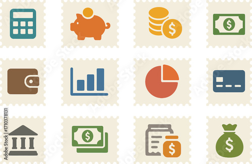 A 16-set collection of flat, solid color icons representing budget postage stamps. Each icon framed with a smooth stamp border. F