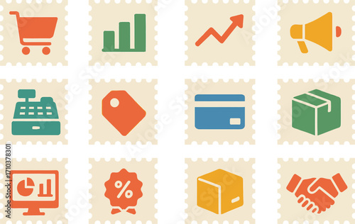 , solid color icons representing sales demand and niche market postage stamps. Each icon framed with a smooth stamp border. F