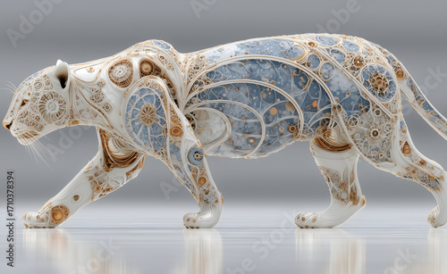 Mechanical panther made of gears and porcelain with glass inlays, futuristic biomechanical animal design in side profile, intricate steampunk details and elegant patterns, hyper realistic studio rende