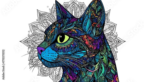 Vibrant, colorful feline profile, adorned with intricate mandala patterns.