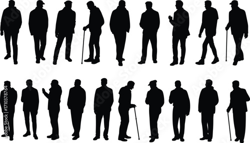 Black silhouette men standing and walking, casual postures, gestures, cane users, lifestyle illustration set, human figure design, body language