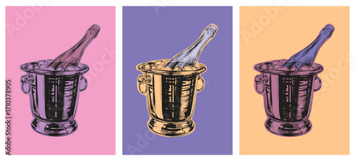 Champagne Bottle Bucket Hand Drawing Vector Illustration Alcoholic Drink. Pop Art Style. Party