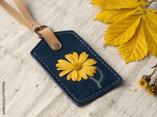 Handcrafted dark blue leather luggage tag adorned with a vibrant yellow pressed flower and autumn leaves