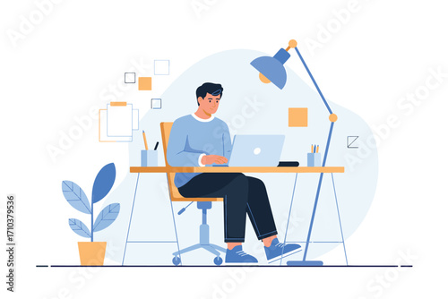 Man working on laptop at desk in modern office illustration