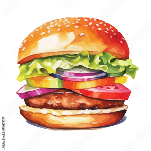 Juicy Watercolor Burger with Sesame Bun and Fresh Veggies