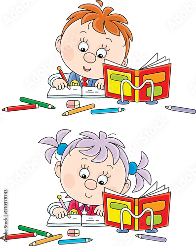 Funny little schoolgirl and schoolboy reading their textbooks and writing a test in exercise books at a lesson in a classroom of a primary school, vector cartoon illustration on a white background