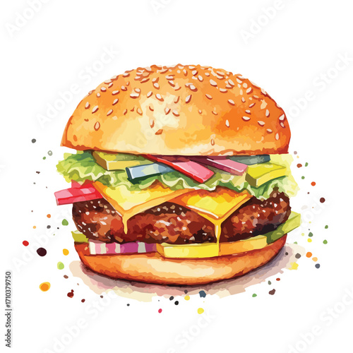 Juicy Watercolor Burger with Sesame Bun and Melted Cheese