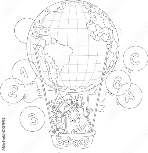 Funny cartoony schoolbag flying with a school air balloon globe, friendly smiling and waving in greeting, black and white outline vector illustration for a coloring book