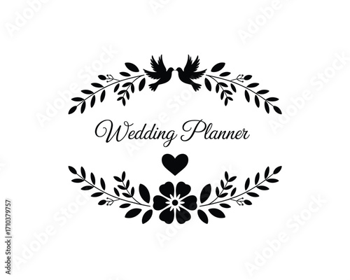 Elegant Wedding Planner Design with Dove and Floral Accents: A Black and White Vector Graphic Ideal for Branding and Promotion.