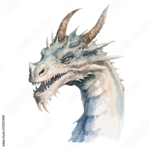 Majestic Dragon Head with Horns and Intimidating Gaze Watercolor Style