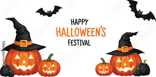 Spooky Halloween pumpkins wearing witch hats ready to party