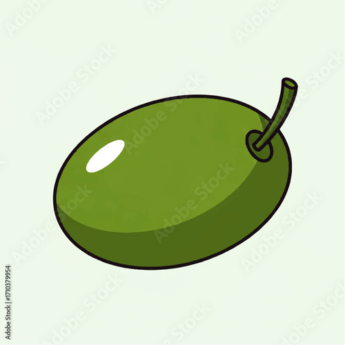 A vibrant green olive illustration presented as a clean vector graphic. Simple isolated food icon for healthy eating and Mediterranean diet concepts