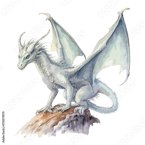 Majestic Ice Dragon Perched on Weathered Rock Wings Spread Wide