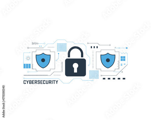 Cybersecurity Illustration with Lock and Shields: Network Security, Data Protection, and Digital Safety Concept for Modern Technology Businesses and Online Security Solutions