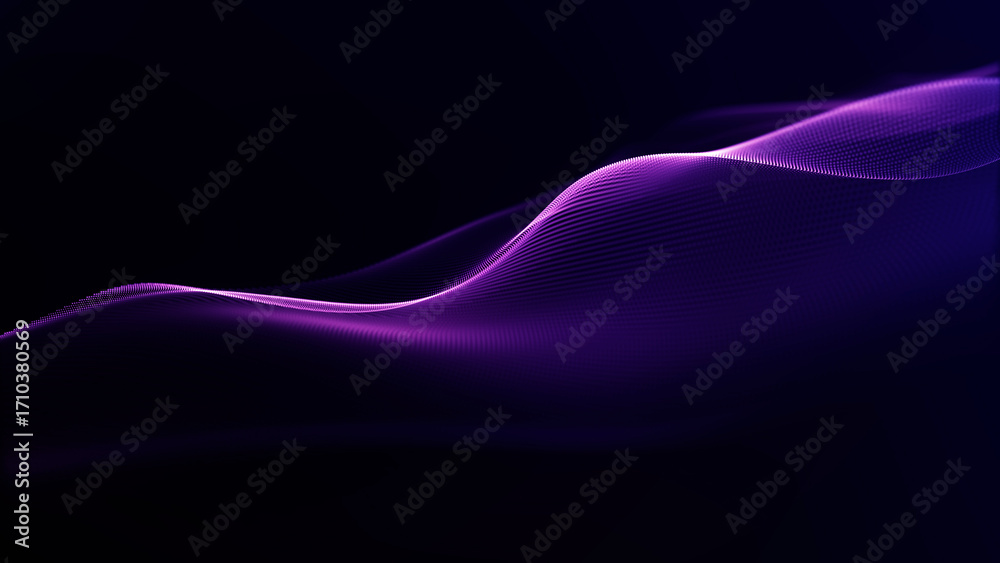 Smooth flowing abstract purple neon wave made of luminous particles on futuristic dark background.
