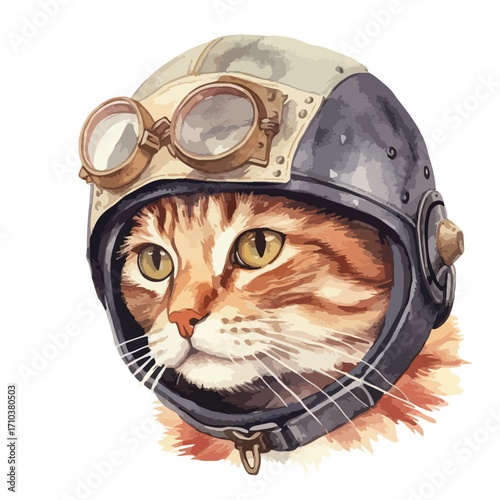 Ginger tabby cat portrait wearing vintage aviator helmet and goggles looking forward