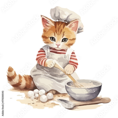 Ginger Tabby Kitten Chef Whisking Batter with Red Striped Shirt and Chefs Hat