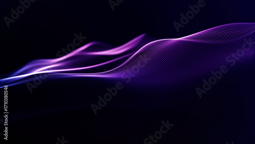 Abstract purple glowing particle wave with luminous neon light flowing smoothly on futuristic dark background.