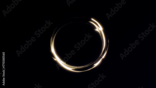 Minimal glowing golden energy ring with soft luminous flow on black background, elegant futuristic abstract design.
